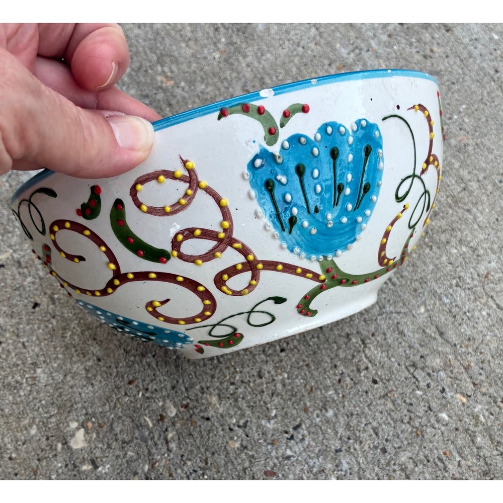 Ceramica El Avion Spain Hand Painted Ceramic Bowl Blue Floral Speckled Interior